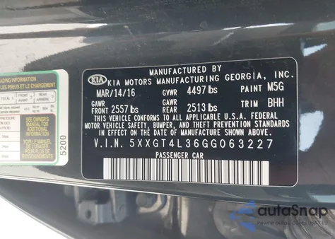 2016 Kia Optima Lx from USA, damaged, VIN 5XXGT4L36GG063227
